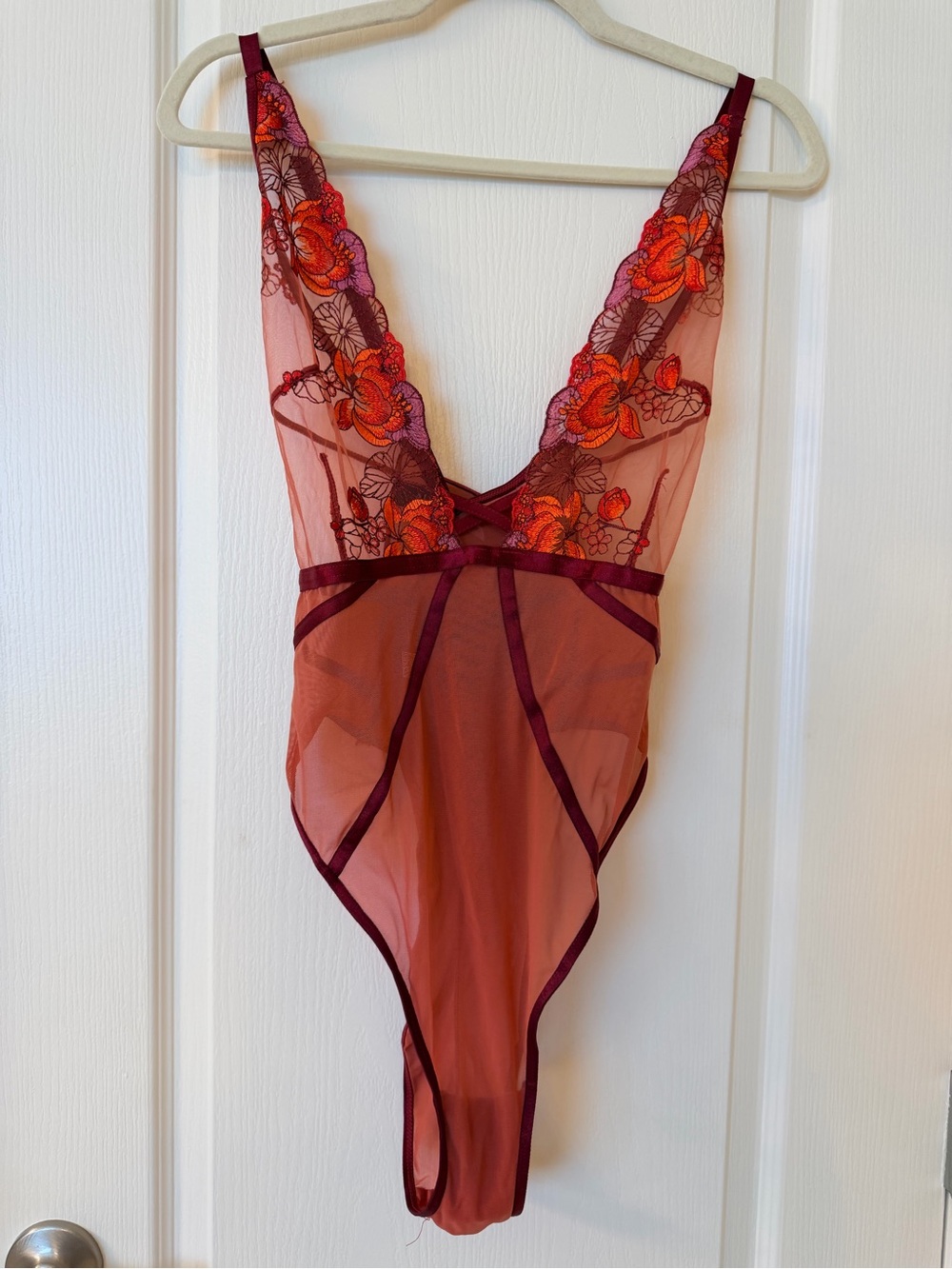 Adore Me Floral Embroidered Sheer Mesh Crisscross Back Teddy Bodysuit NWT XL -K-